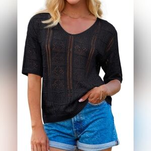 Grace Karin Women's Black Crochet Knit Short Sleeve VNeck Sweater NWT